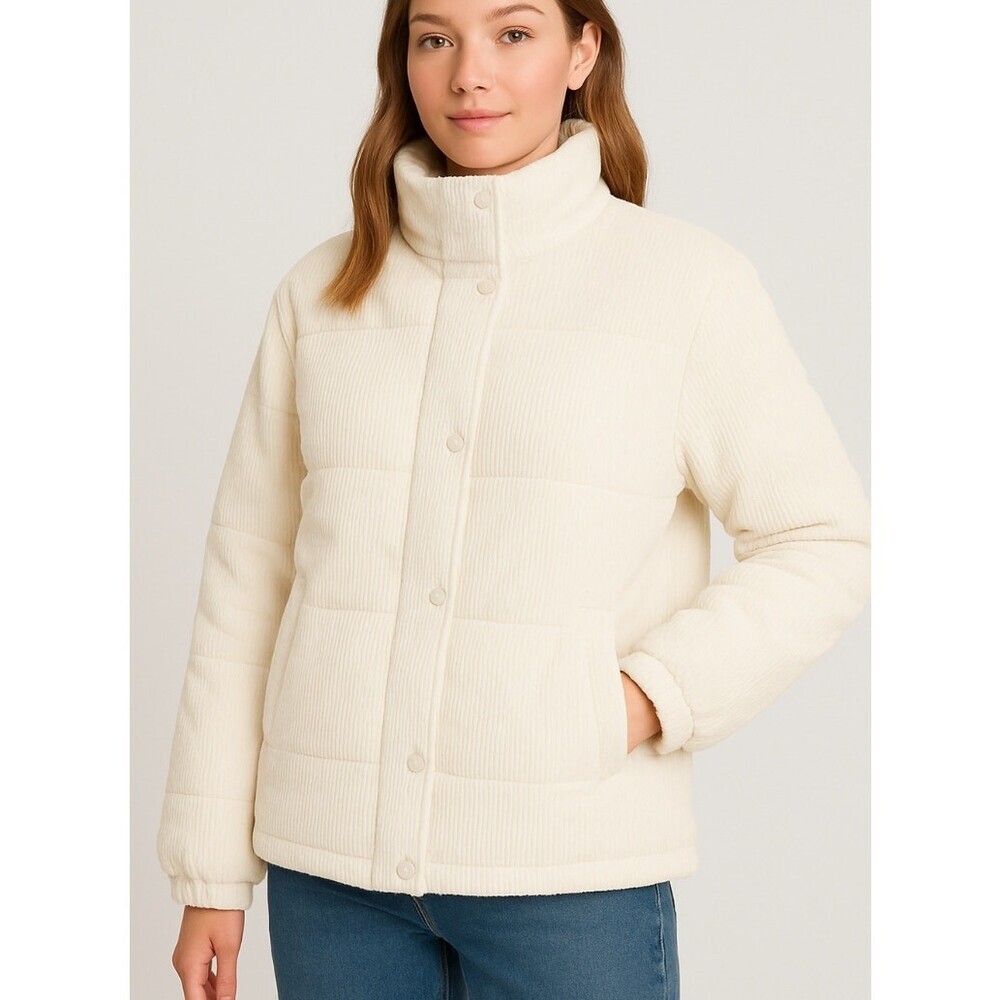 Love Tree curduroy puffer coat jacket zip/button up closure tan pockets SZ SM